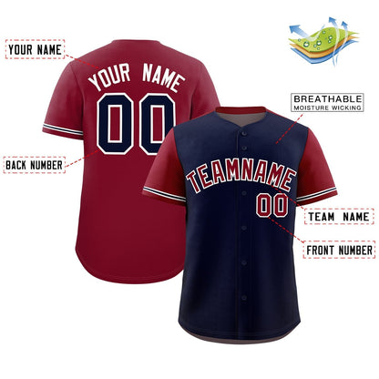 Custom Navy Crimson Color Block Personalized Raglan Sleeves Authentic Baseball Jersey