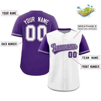 Custom White Purple Color Block Personalized Raglan Sleeves Authentic Baseball Jersey