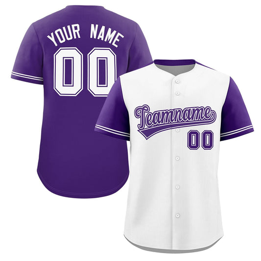 Custom White Purple Color Block Personalized Raglan Sleeves Authentic Baseball Jersey