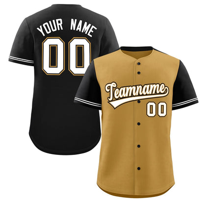 Custom Old Gold Black Color Block Personalized Raglan Sleeves Authentic Baseball Jersey