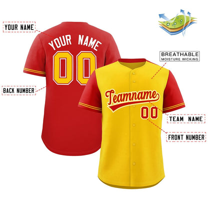 Custom Gold Red Color Block Personalized Raglan Sleeves Authentic Baseball Jersey