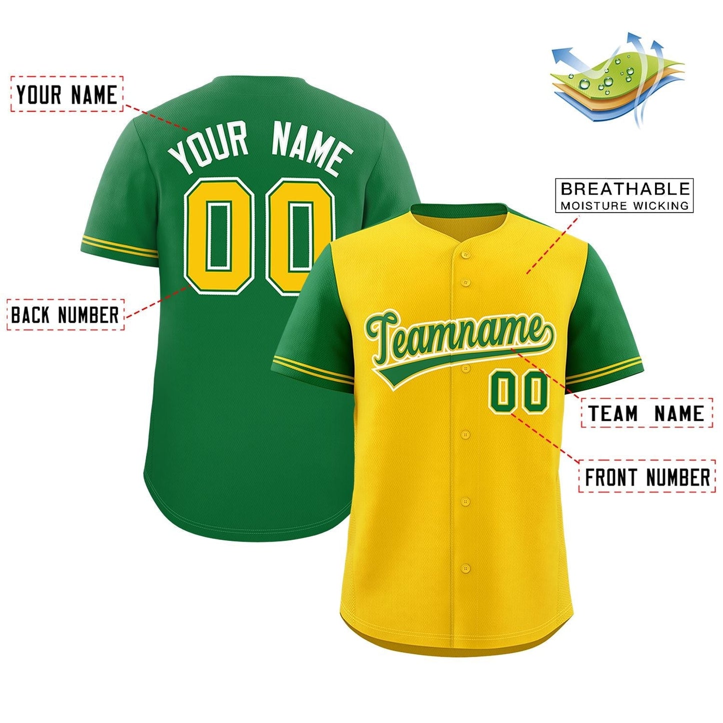 Custom Gold Kelly Green Color Block Personalized Raglan Sleeves Authentic Baseball Jersey