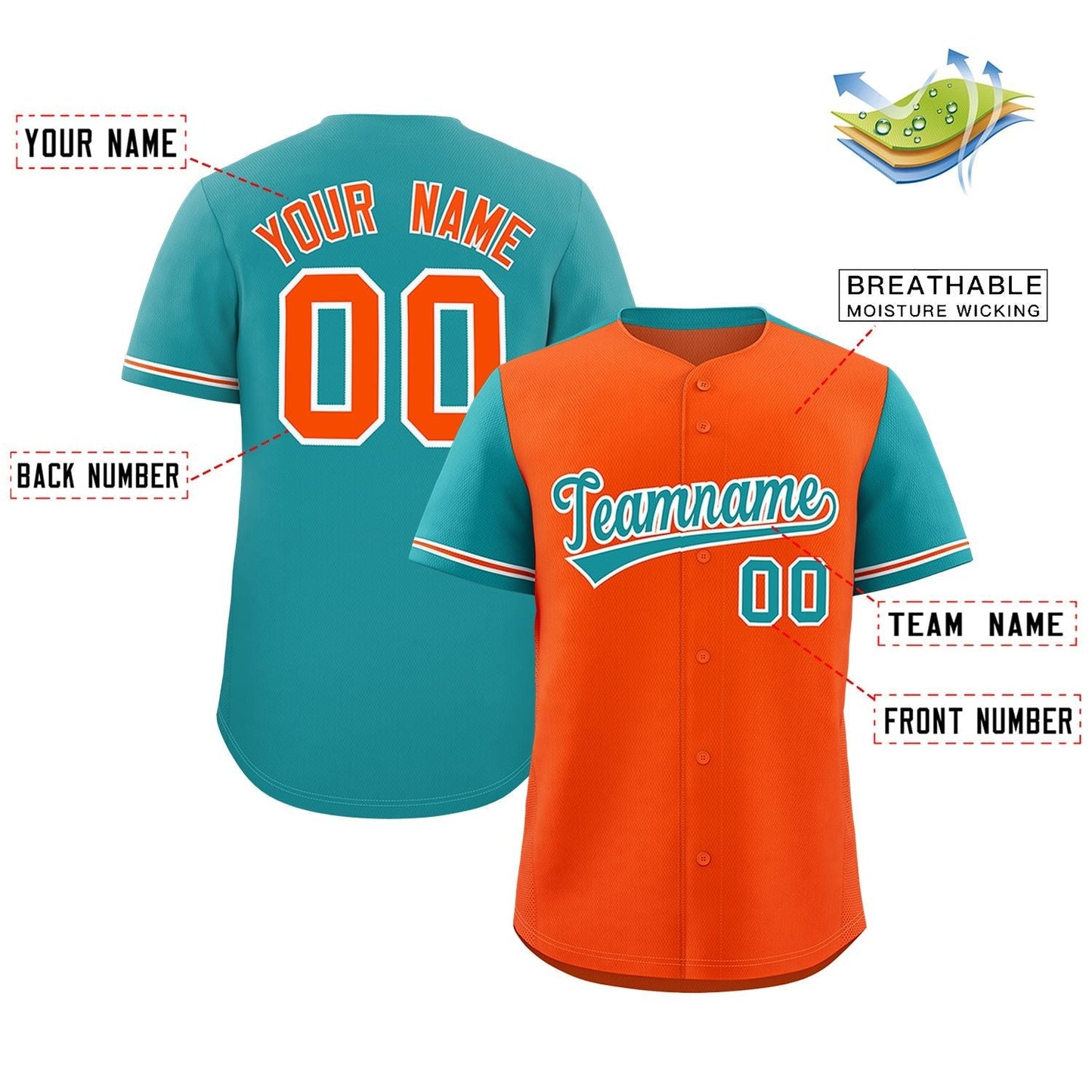 Custom Orange Aqua Color Block Personalized Raglan Sleeves Authentic Baseball Jersey