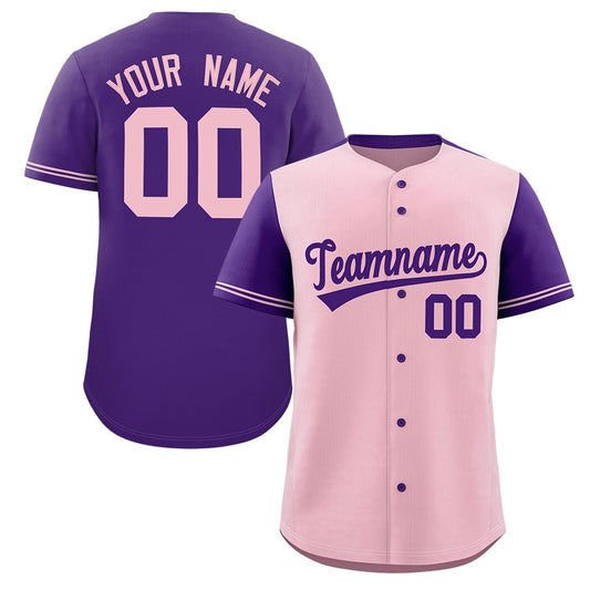 Custom Light Pink Purple Color Block Personalized Raglan Sleeves Authentic Baseball Jersey