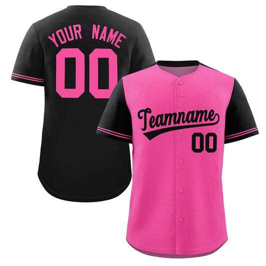 Custom Pink Black Color Block Personalized Raglan Sleeves Authentic Baseball Jersey