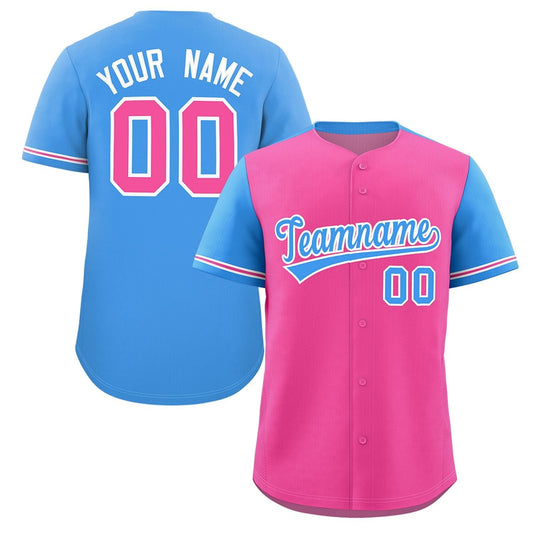 Custom Pink Powder Blue Color Block Personalized Raglan Sleeves Authentic Baseball Jersey