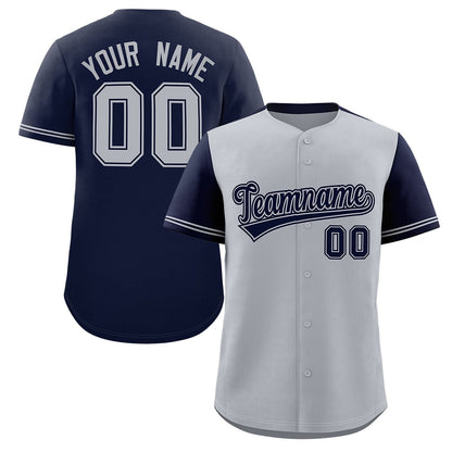 Custom Gray Navy Color Block Personalized Raglan Sleeves Authentic Baseball Jersey