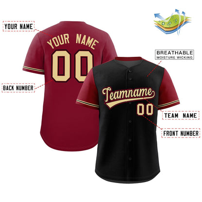 Custom Black Crimson Color Block Personalized Raglan Sleeves Authentic Baseball Jersey