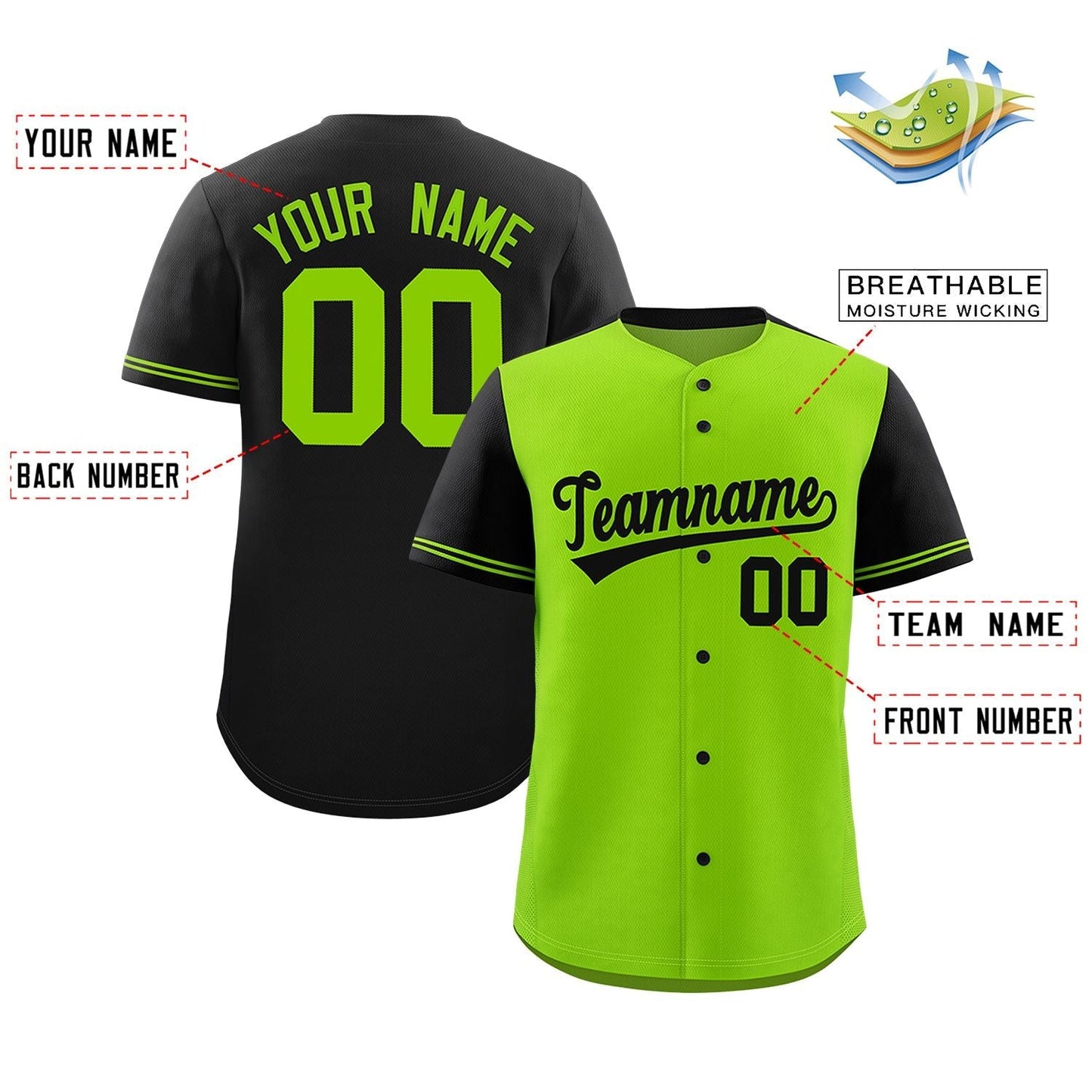 Custom Neon Green Black Color Block Personalized Raglan Sleeves Authentic Baseball Jersey