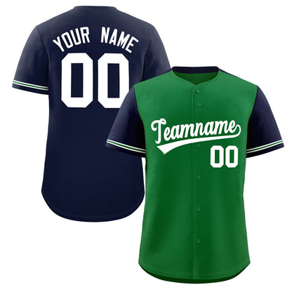 Custom Kelly Green Navy Color Block Personalized Raglan Sleeves Authentic Baseball Jersey