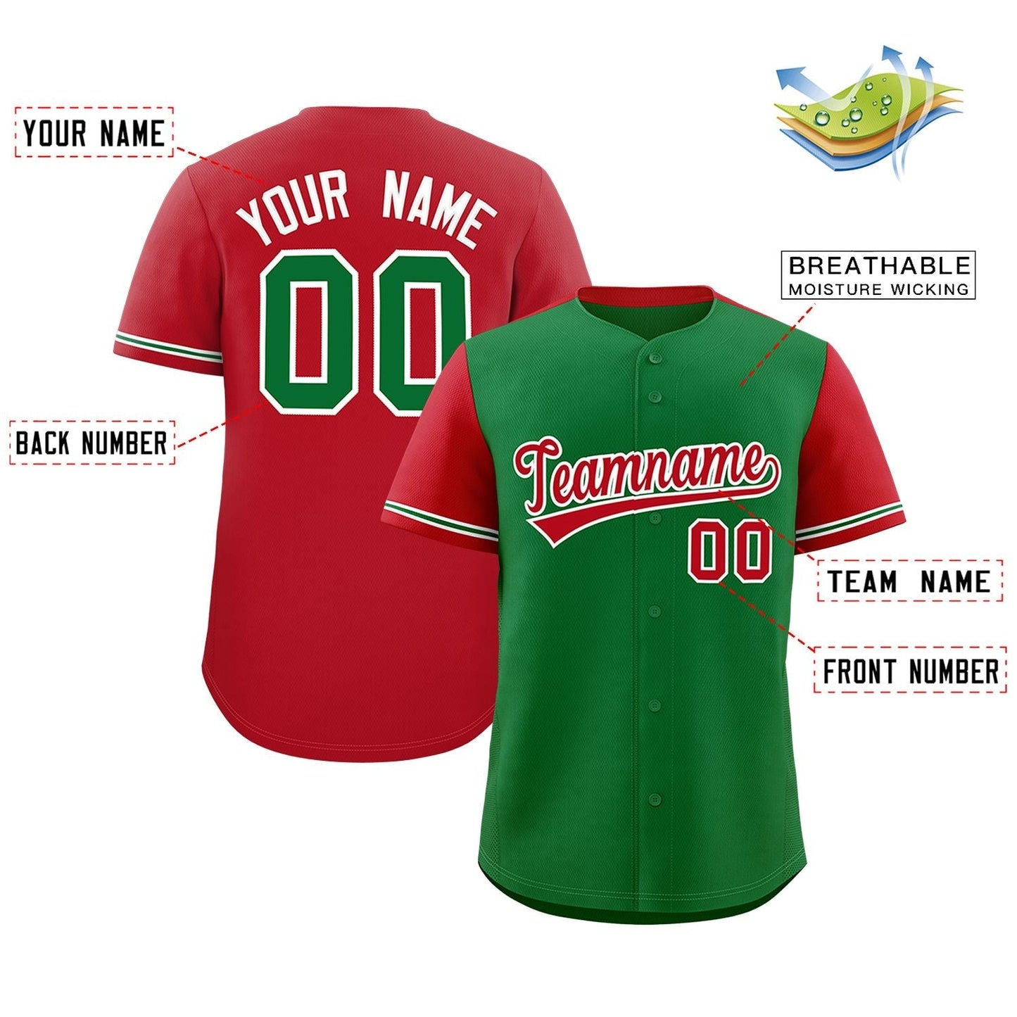 Custom Kelly Green Red Color Block Personalized Raglan Sleeves Authentic Baseball Jersey