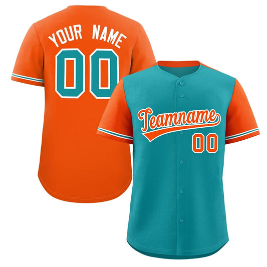 Custom Aqua Orange Color Block Personalized Raglan Sleeves Authentic Baseball Jersey