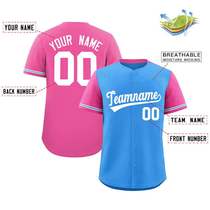 Custom Powder Blue Pink Color Block Personalized Raglan Sleeves Authentic Baseball Jersey