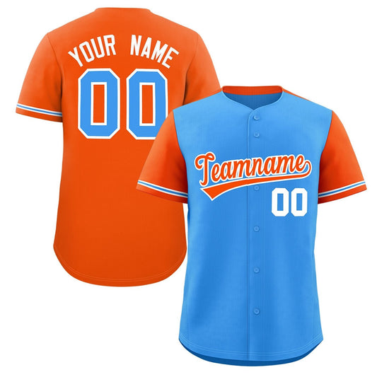 Custom Powder Blue Orange Color Block Personalized Raglan Sleeves Authentic Baseball Jersey