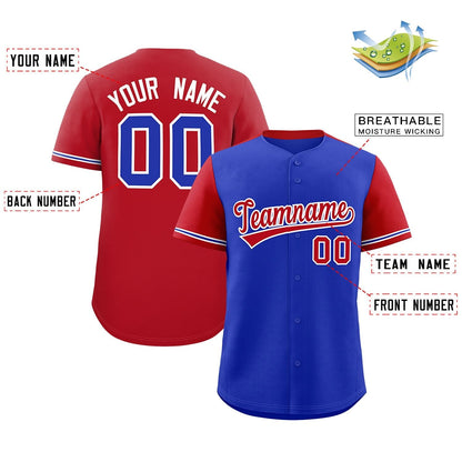 Custom Royal Red Color Block Personalized Raglan Sleeves Authentic Baseball Jersey