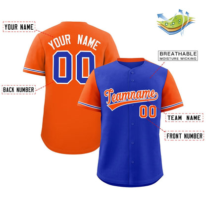 Custom Royal Orange Color Block Personalized Raglan Sleeves Authentic Baseball Jersey