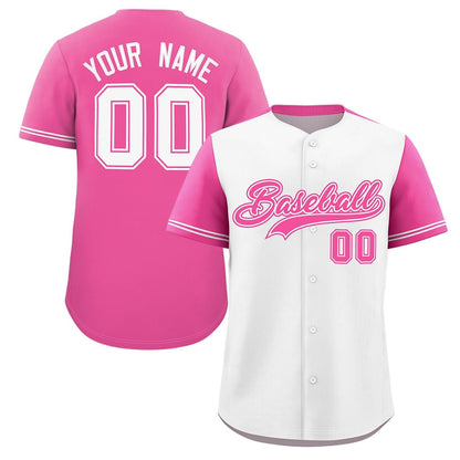 Custom White Pink Color Block Personalized Raglan Sleeves Authentic Baseball Jersey