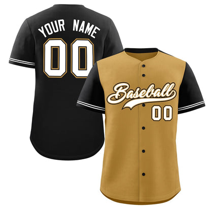 Custom Old Gold Black Color Block Personalized Raglan Sleeves Authentic Baseball Jersey