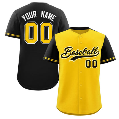 Custom Gold Black Color Block Personalized Raglan Sleeves Authentic Baseball Jersey