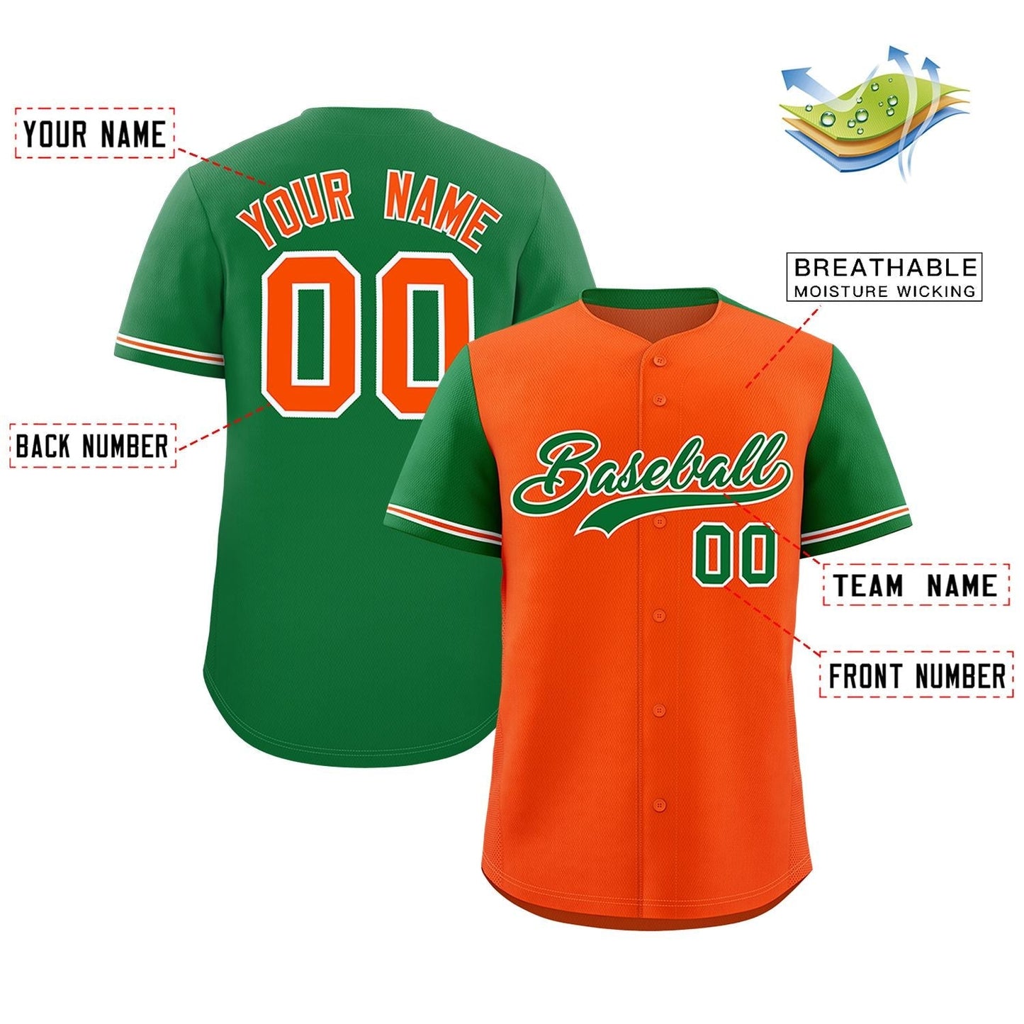 Custom Orange Kelly Green Color Block Personalized Raglan Sleeves Authentic Baseball Jersey