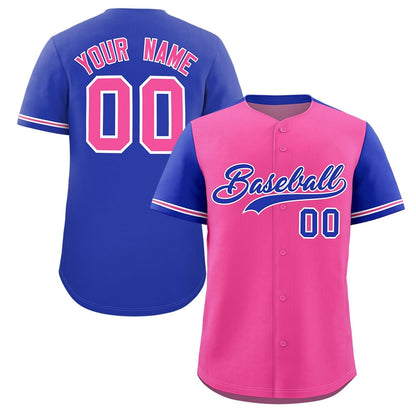 Custom Pink Royal Color Block Personalized Raglan Sleeves Authentic Baseball Jersey