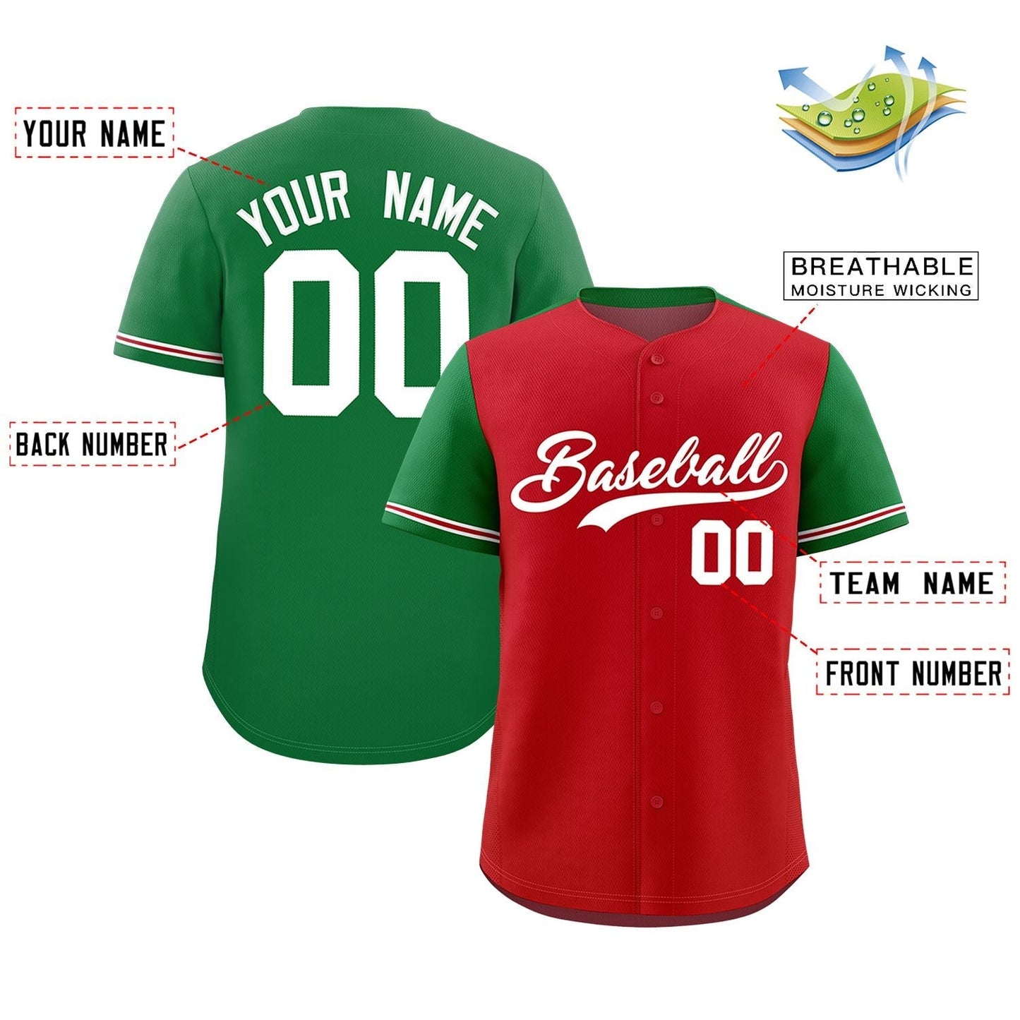 Custom Red Kelly Green Color Block Personalized Raglan Sleeves Authentic Baseball Jersey