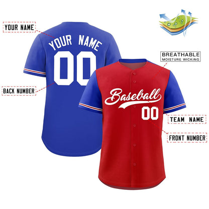 Custom Red Royal Color Block Personalized Raglan Sleeves Authentic Baseball Jersey