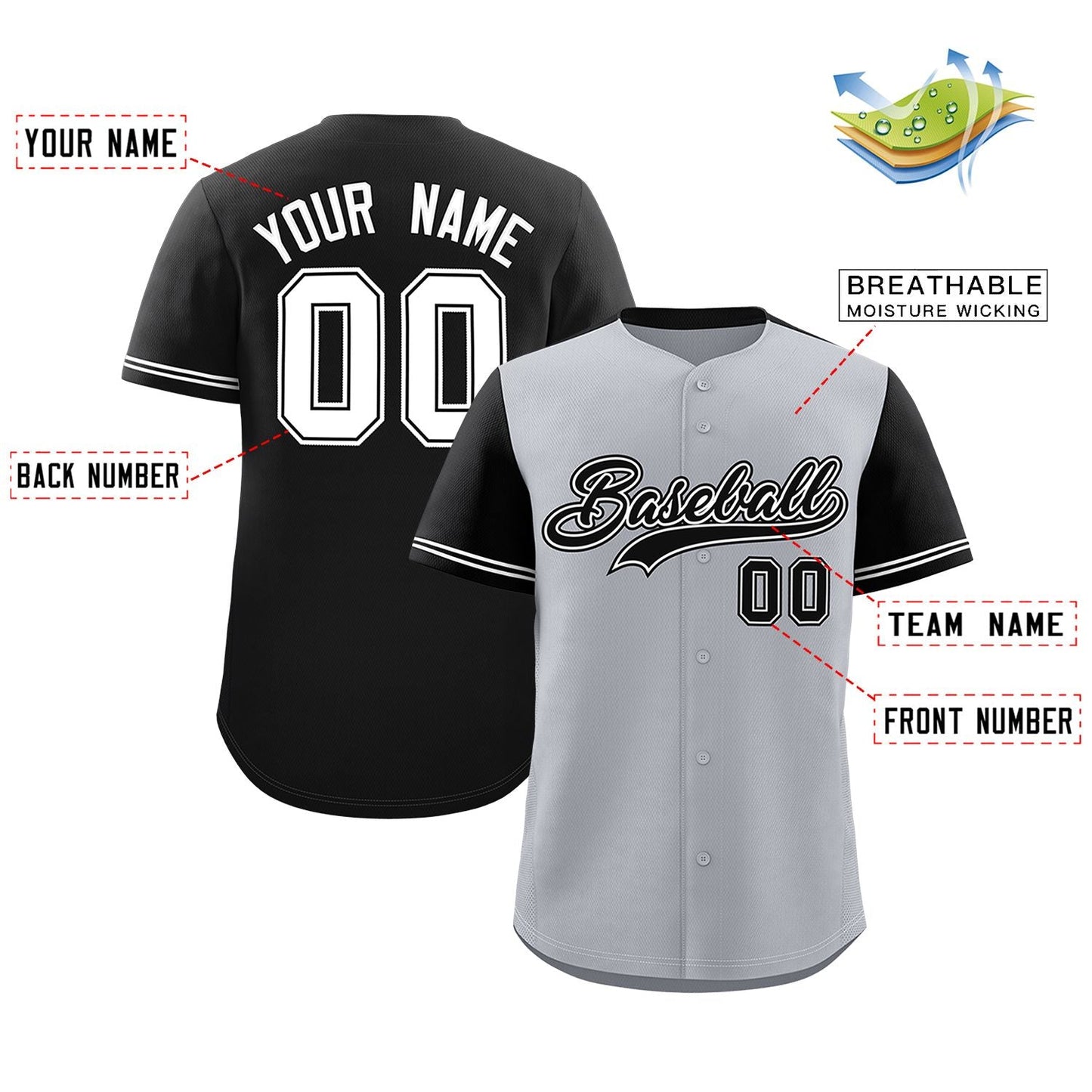 Custom Gray Black Color Block Personalized Raglan Sleeves Authentic Baseball Jersey