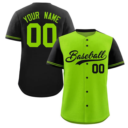 Custom Neon Green Black Color Block Personalized Raglan Sleeves Authentic Baseball Jersey