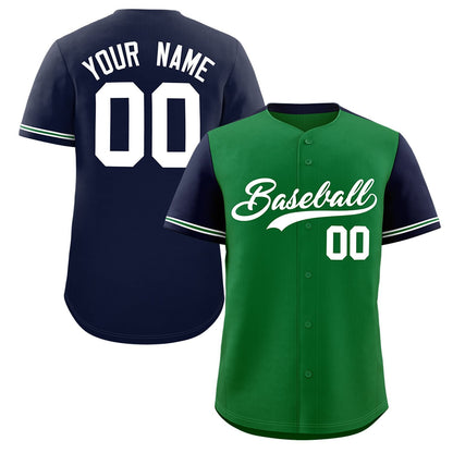 Custom Kelly Green Navy Color Block Personalized Raglan Sleeves Authentic Baseball Jersey