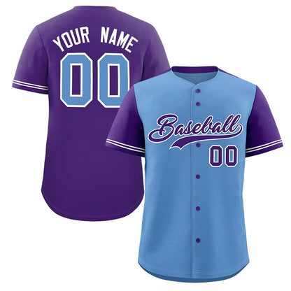 Custom Light Blue Purple Color Block Personalized Raglan Sleeves Authentic Baseball Jersey