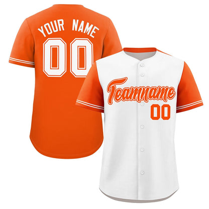 Custom White Orange Color Block Personalized Raglan Sleeves Authentic Baseball Jersey