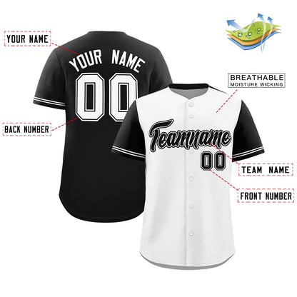 Custom White Black Color Block Personalized Raglan Sleeves Authentic Baseball Jersey