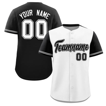 Custom White Black Color Block Personalized Raglan Sleeves Authentic Baseball Jersey