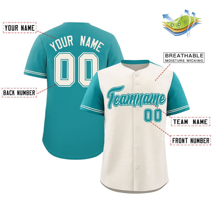 Custom Cream Aqua Color Block Personalized Raglan Sleeves Authentic Baseball Jersey