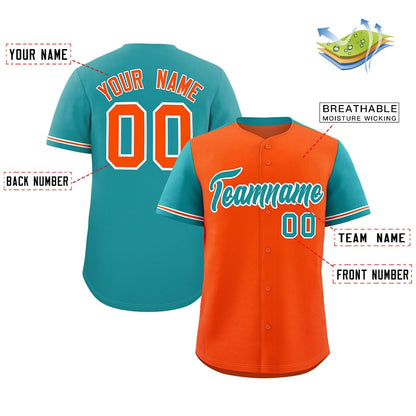 Custom Orange Aqua Color Block Personalized Raglan Sleeves Authentic Baseball Jersey