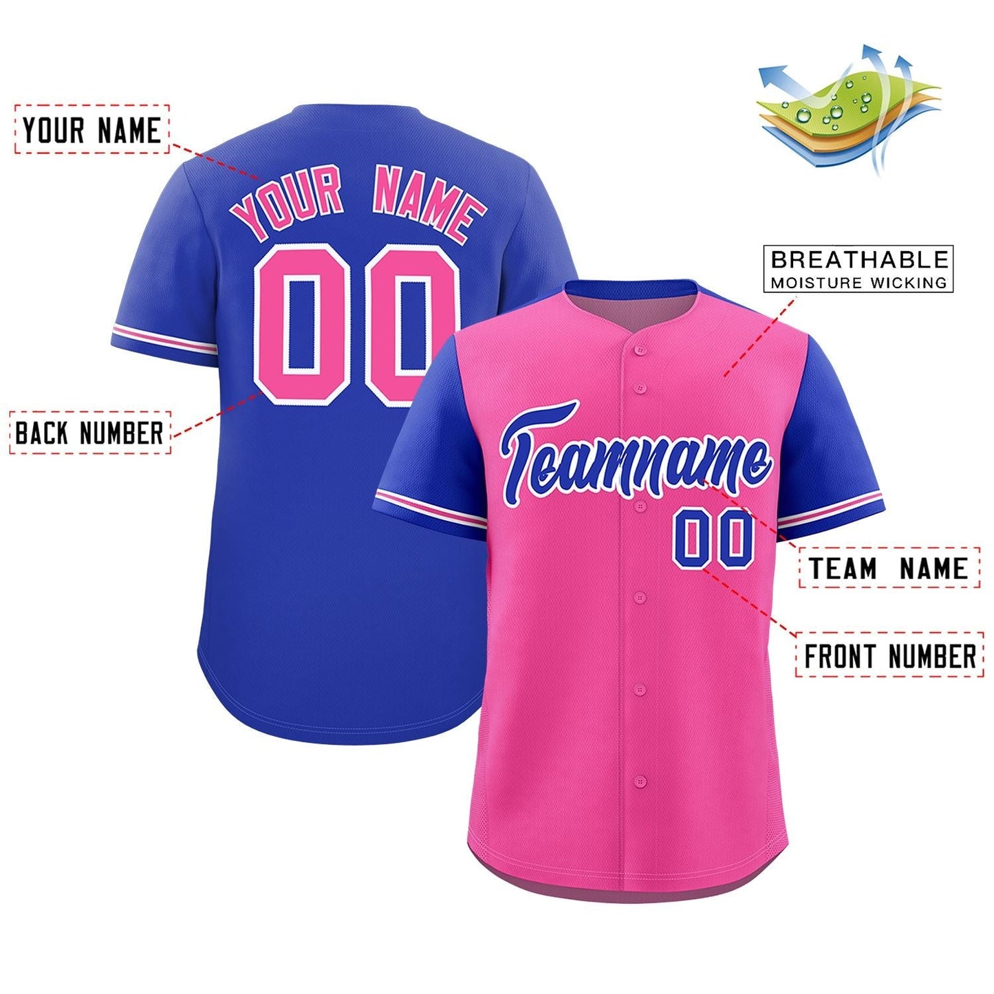 Custom Pink Royal Color Block Personalized Raglan Sleeves Authentic Baseball Jersey