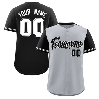 Custom Gray Black Color Block Personalized Raglan Sleeves Authentic Baseball Jersey