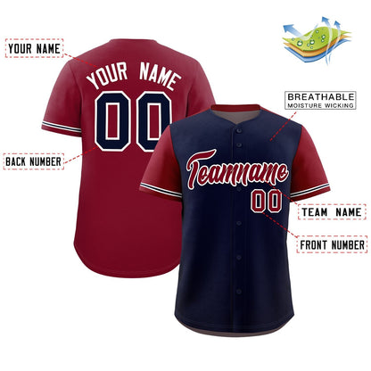 Custom Navy Crimson Color Block Personalized Raglan Sleeves Authentic Baseball Jersey