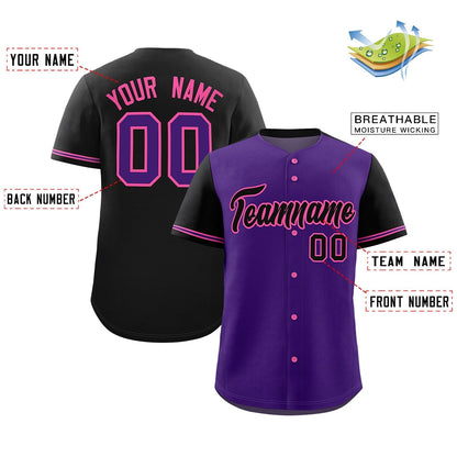 Custom Purple Black Color Block Personalized Raglan Sleeves Authentic Baseball Jersey