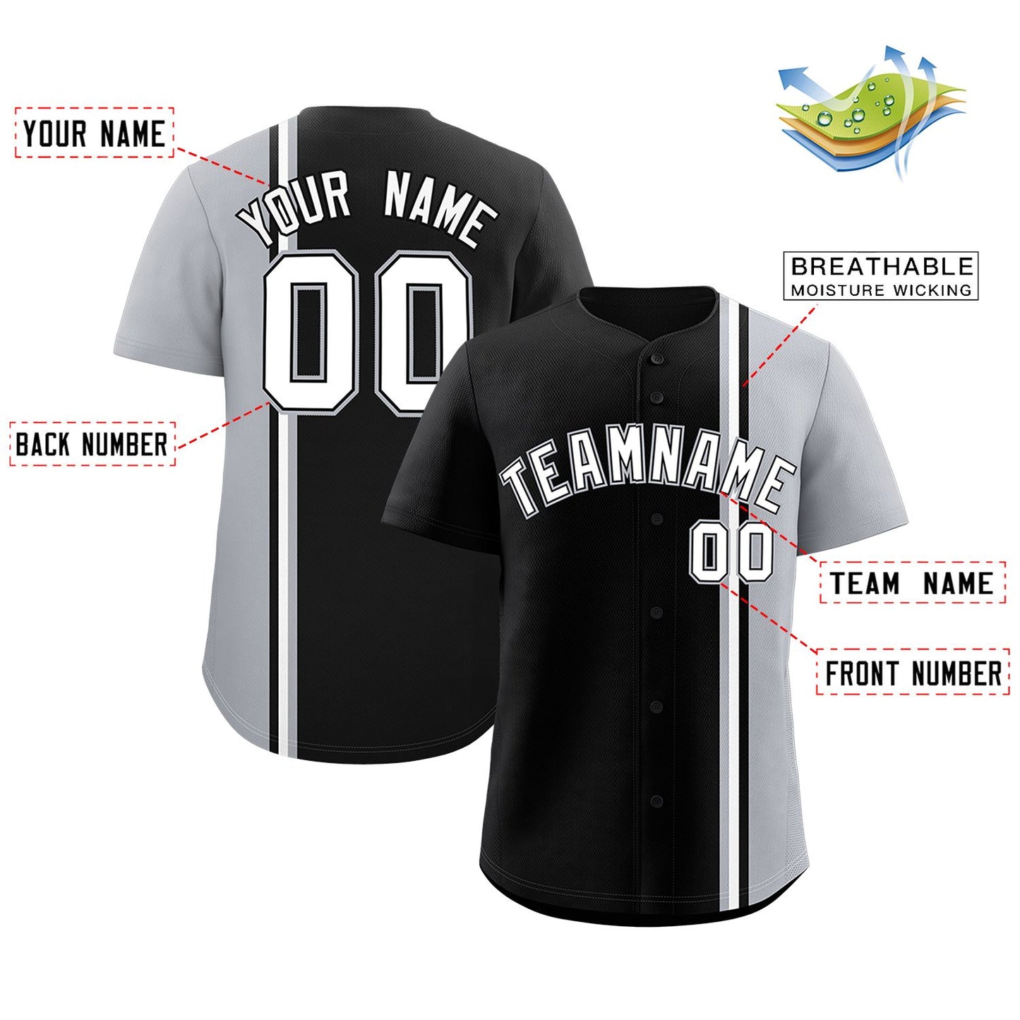 Custom Black Gray-White Personalized Color Block Authentic Baseball jersey