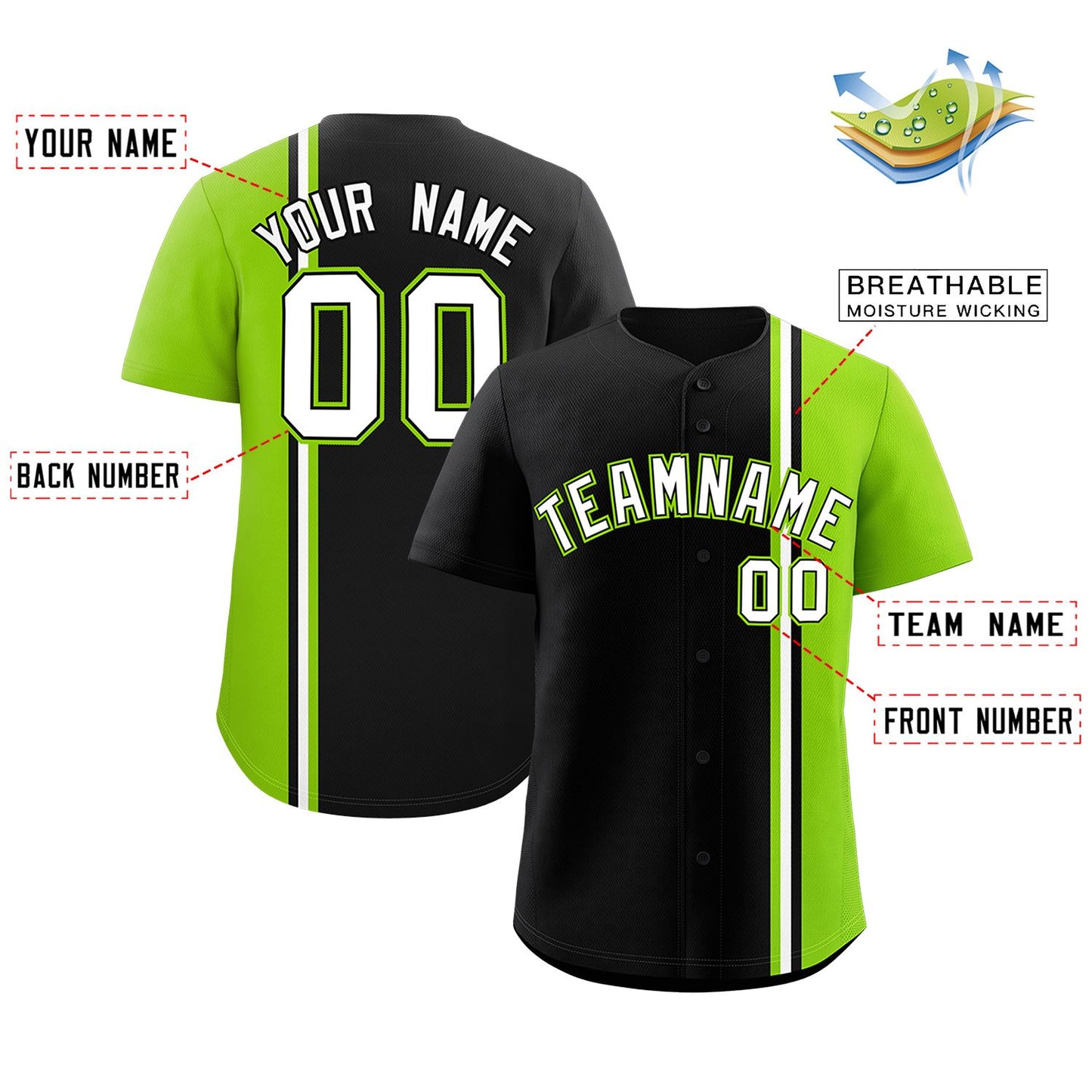 Custom Black Neon Green-White Personalized Color Block Authentic Baseball jersey