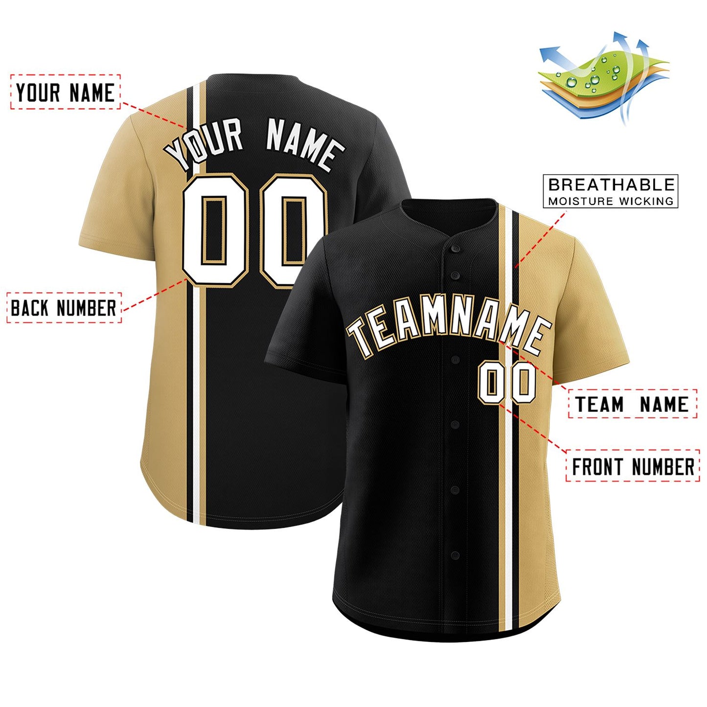 Custom Black Old Gold-White Personalized Color Block Authentic Baseball jersey