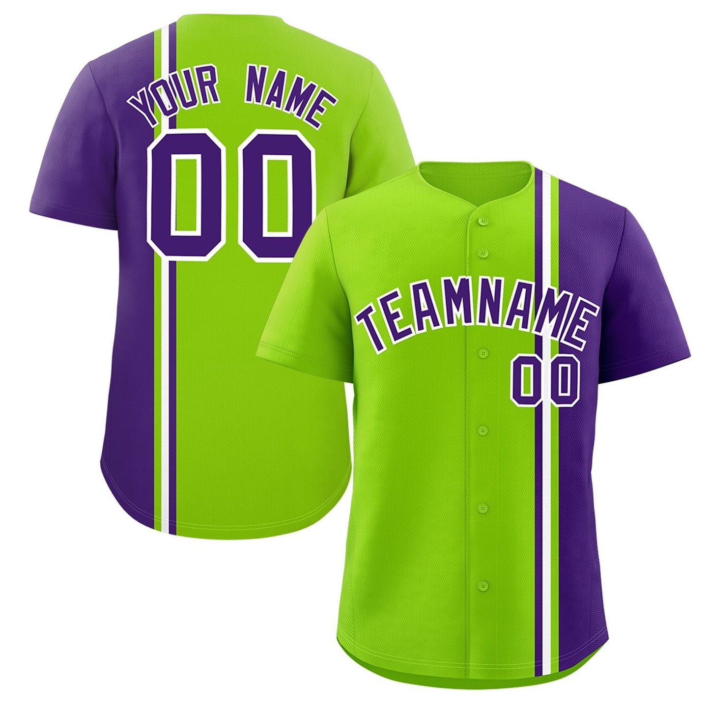 Custom Neon Green Purple-White Personalized Color Block Authentic Baseball jersey