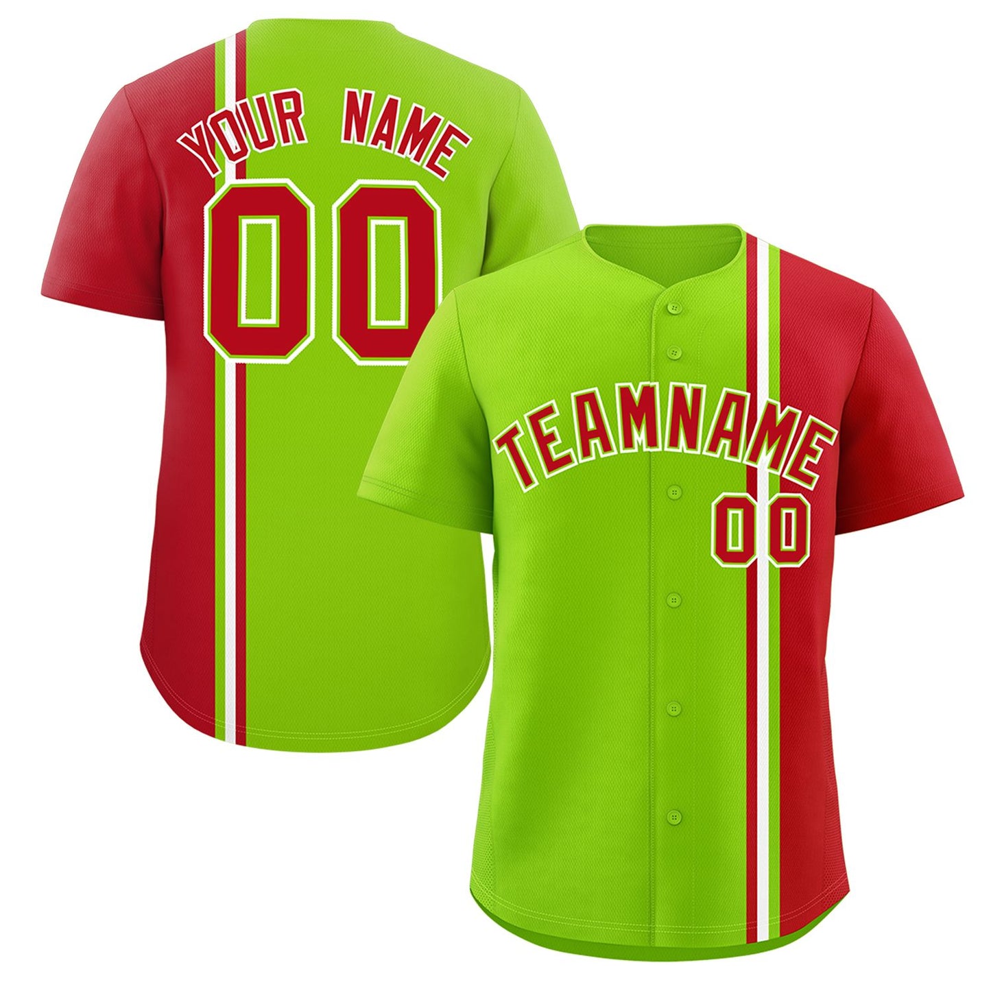 Custom Neon Green Red-White Personalized Color Block Authentic Baseball jersey