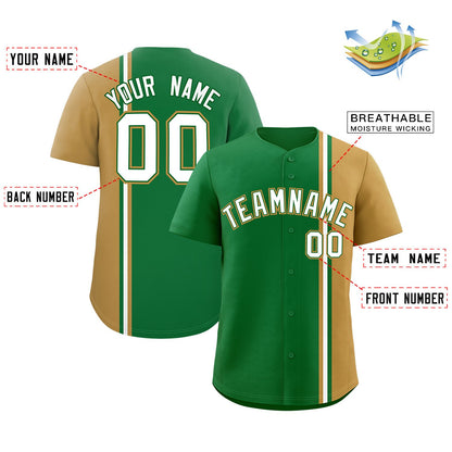 Custom Kelly Green Old Gold-White Personalized Color Block Authentic Baseball jersey