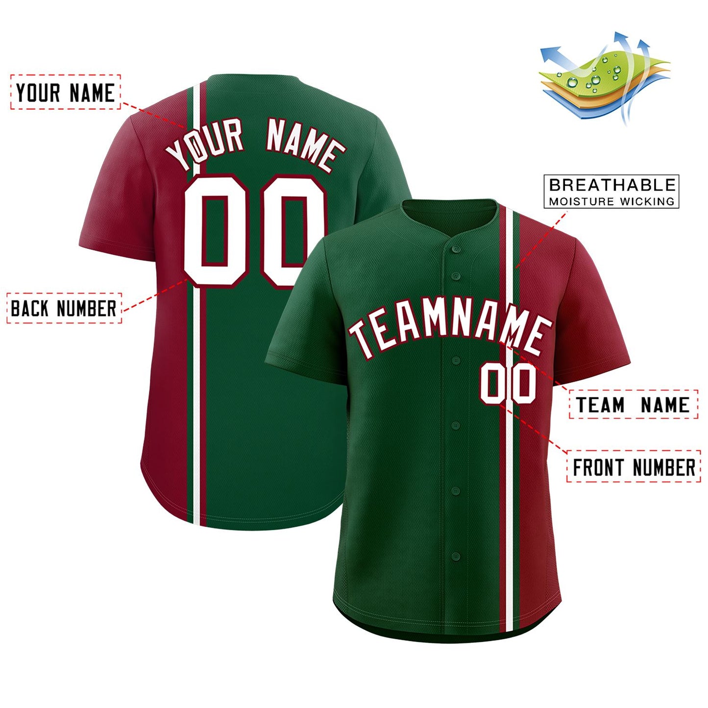 Custom Green Crimson-White Personalized Color Block Authentic Baseball jersey