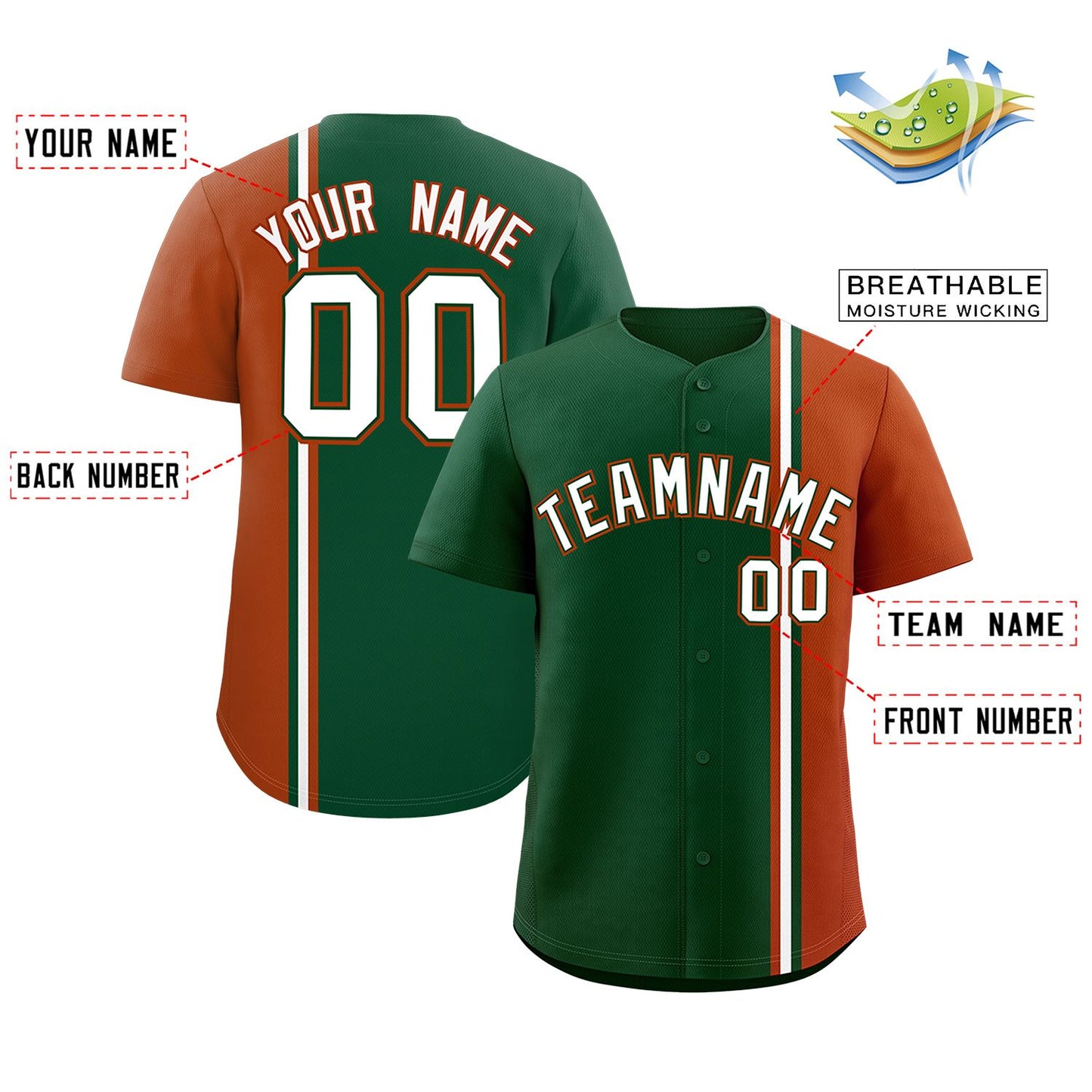 Custom Green Texas Orange-White Personalized Color Block Authentic Baseball jersey