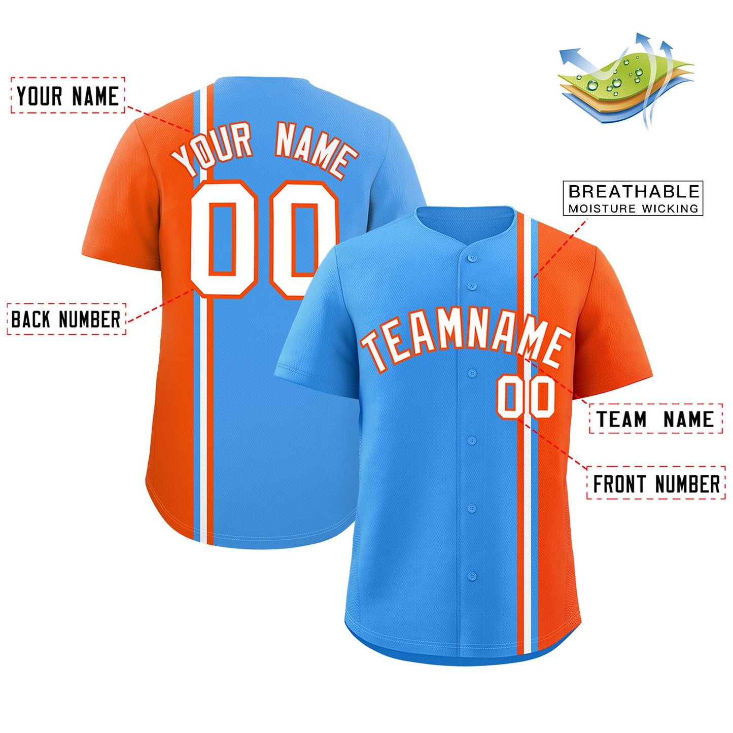 Custom Powder Blue Orange-White Personalized Color Block Authentic Baseball jersey