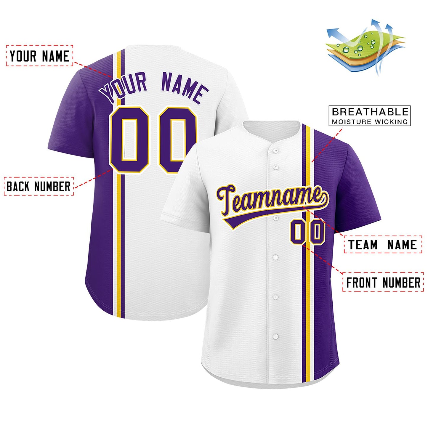 Custom White Purple-Gold Personalized Color Block Authentic Baseball jersey